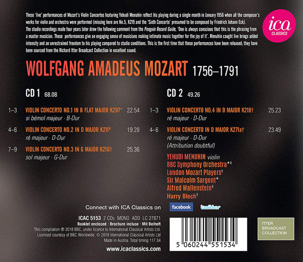 Wolfgang Amadeus Mozart, Yehudi Menuhin, BBC Symphony Orchestra, London Mozart Players : Violin Concertos (2xCD, Comp, Mono, RM)