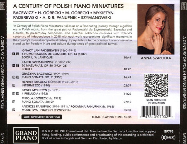 Grażyna Bacewicz, Henryk Górecki & Mikołaj Górecki, Paweł Mykietyn, Ignacy Jan Paderewski, Andrzej Panufnik & Roxanna Panufnik, Karol Szymanowski, Anna Szałucka : A Century Of Polish Piano Miniatures (CD, Album)
