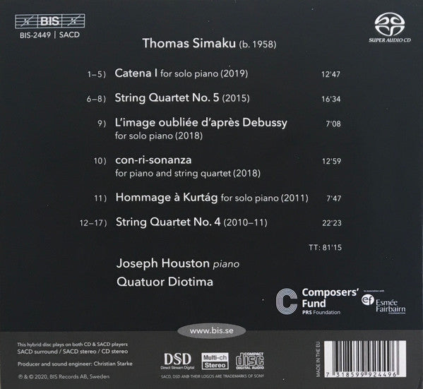 Thomas Simaku, Quatuor Diotima, Joseph Houston : Con-Ri-Sonanza (Chamber Works) (SACD, Hybrid, Multichannel, Album)