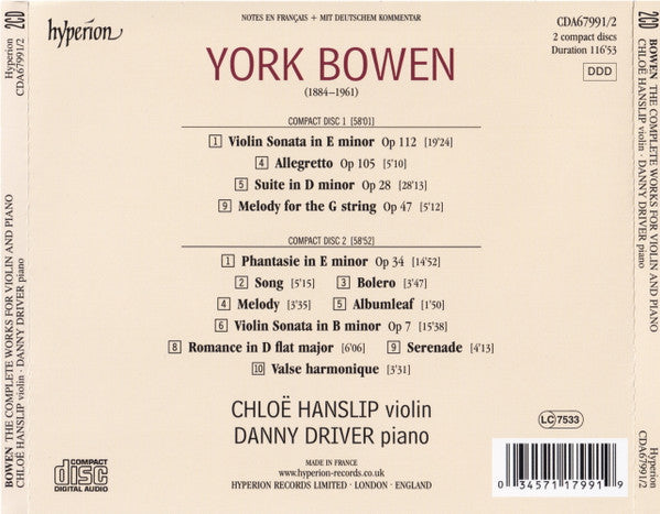 York Bowen, Chloë Hanslip, Danny Driver : The Complete Works For Violin And Piano (2xCD, Album)
