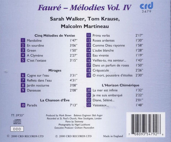 Gabriel Fauré, Malcolm Martineau, Sarah Walker (2), Tom Krause : Melodies Vol. IV (CD)