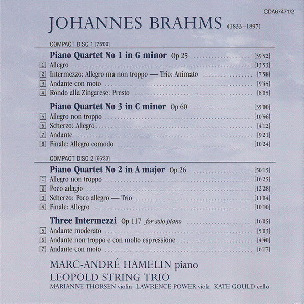 Johannes Brahms, The Leopold String Trio, Marc-André Hamelin : The Piano Quartets (2xCD)