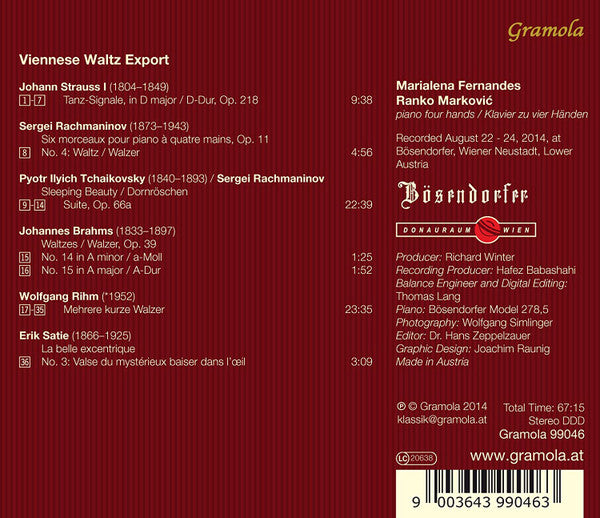Marialena Fernandes, Ranko Marković - Johann Strauss Sr., Johannes Brahms, Pyotr Ilyich Tchaikovsky, Sergei Rachmaninoff, Erik Satie, Wolfgang Rihm : Viennese Waltz Export (CD, Album)