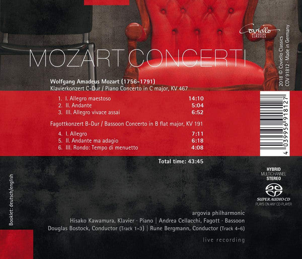 Wolfgang Amadeus Mozart, Hisako Kawamura, Douglas Bostock, Andrea Cellacchi, Rune Bergmann, Argovia Philharmonic : Concerti (SACD, Hybrid, Multichannel, Album)