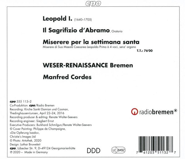 Leopold I - Weser-Renaissance, Manfred Cordes : Il Sagrifizio D'Abramo • Miserere (CD)