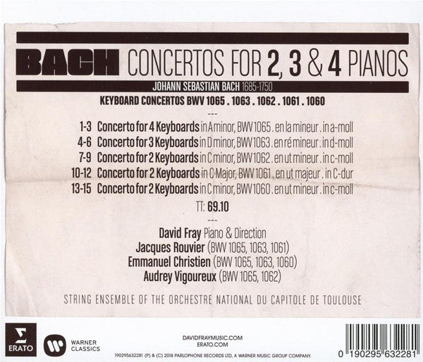 David Fray, Emmanuel Christien, Audrey Vigoureux, Jacques Rouvier, Johann Sebastian Bach : Concertos For 2, 3 & 4 Pianos (CD, Album)