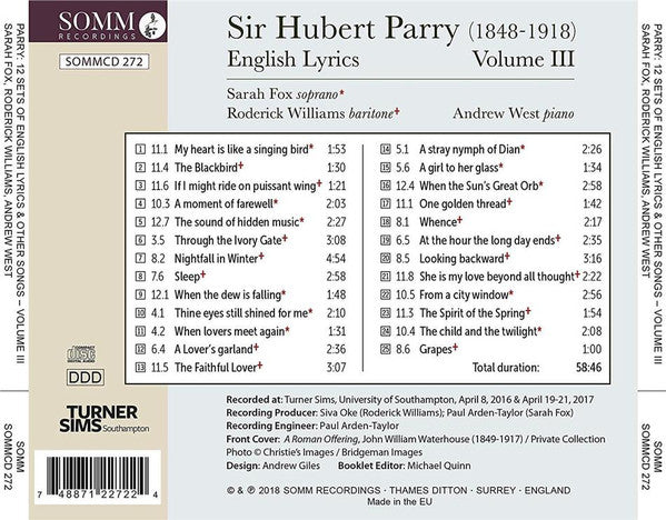 Charles Hubert Hastings Parry, Sarah Fox (3), Roderick Williams (3), Andrew West : Twelve Sets Of English Lyrics Volume III (CD, Album)