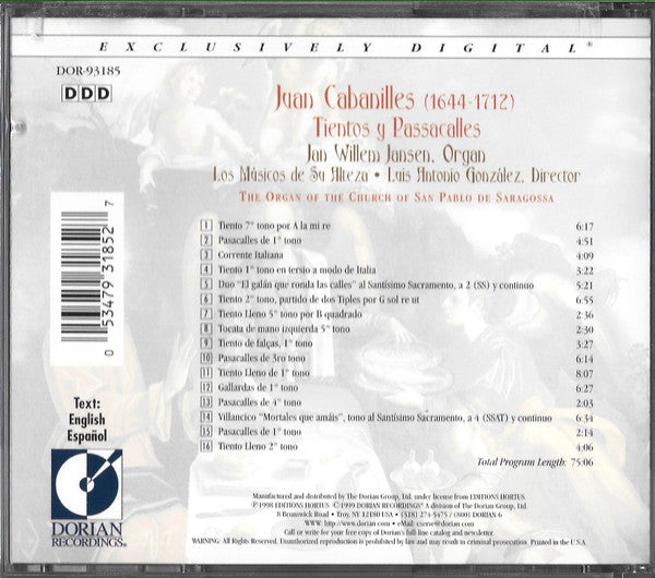 Juan Cabanilles - Jan Willem Jansen, Los Músicos De Su Alteza, Luis Antonio González : Tientos Y Passacalles (CD)