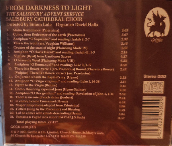 Salisbury Cathedral Choir*, Simon Lole, David Halls : From Darkness To Light (CD)