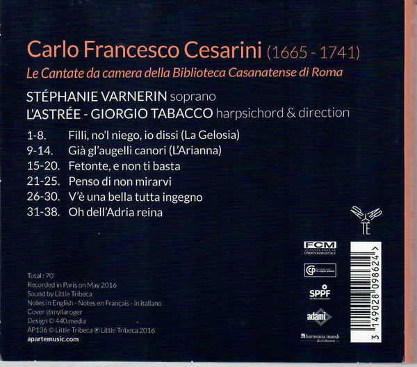 Carlo Francesco Cesarini - Stephanie Varnerin, L'Astrée, Academia Montis Regalis, Giorgio Tabacco : Cantatas (CD, Album, Dig)