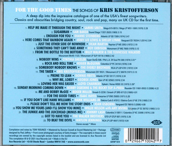 Kris Kristofferson : For The Good Times (The Songs Of Kris Kristofferson) (CD, Comp, Mono)