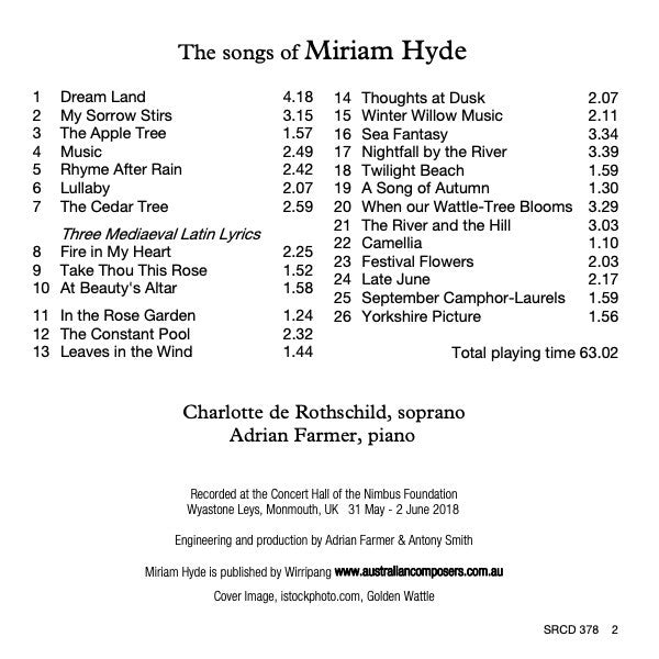 Charlotte De Rothschild, Adrian Farmer : The Songs Of Miriam Hyde (CD, Album, Amb)