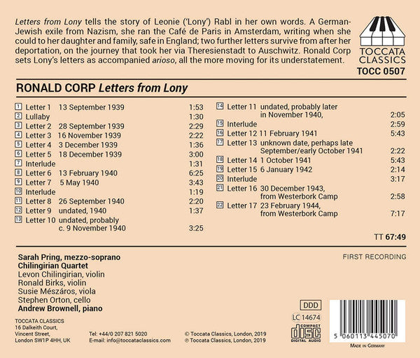 Ronald Corp, Sarah Pring, Chilingirian String Quartet, Andrew Brownell : Letters From Lony (CD, Album)