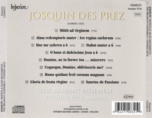 Josquin Des Prés / The Brabant Ensemble, Stephen Rice : Motets & Mass Movements (CD, Album)