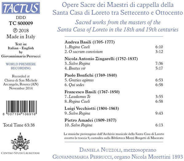 Daniela Nuzzoli, Giovannimaria Perrucci : Opere Sacre Dei Maestri di Cappella Della Santa Casa di Loreto Tra Settecento E Ottocento = Sacred Works From The Masters Of The Santa Casa Of Loreto In The 18th And 19th Centuries  (CD, Album)