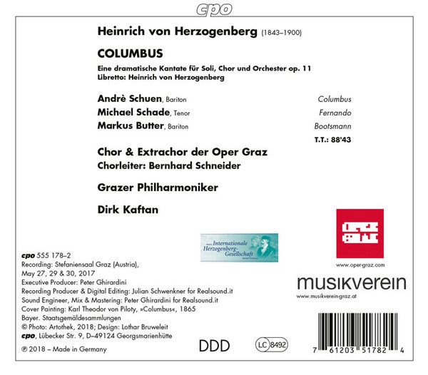 Heinrich Von Herzogenberg, Andrè Schuen, Michael Schade, Markus Butter, Großer Chor Des Opernhauses Graz, Grazer Philharmonisches Orchester, Dirk Kaftan : Columbus (2xCD, Album)