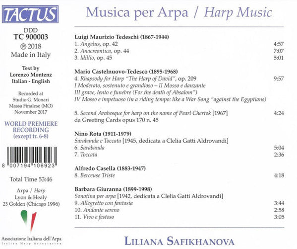 Mario Castelnuovo-Tedesco, Barbara Giuranna, Luigi Maurizio Tedeschi, Alfredo Casella, Nino Rota, Liliana Safikhanova : Musica Per Arpa (CD, Album)