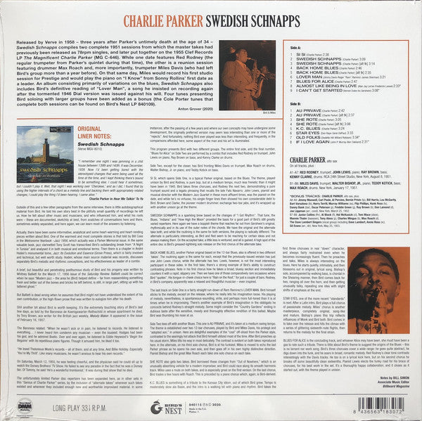 Charlie Parker : Swedish Schnapps (LP, Album, Ltd, RE, RM, 180)