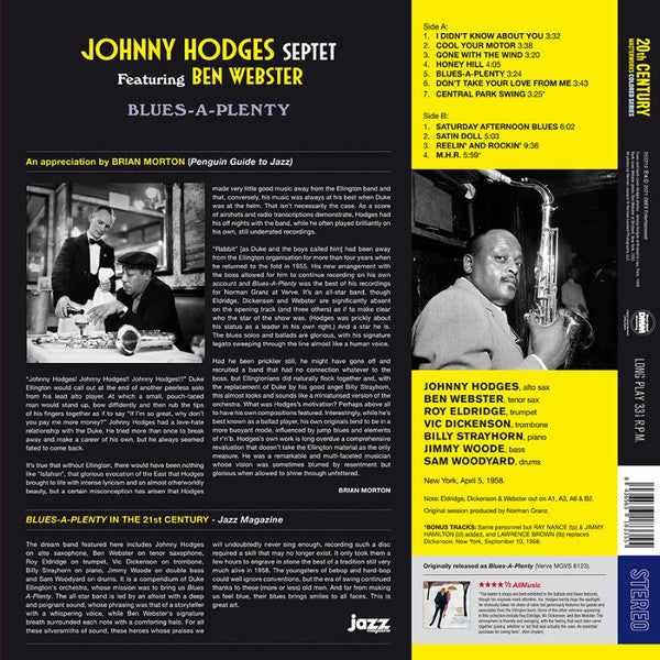 Johnny Hodges Septet Featuring Ben Webster : Blues-A-Plenty (LP, Album, Ltd, RE, Red)