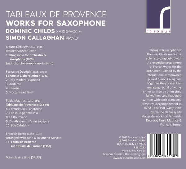 Dominic Childs, Simon Callaghan : Tableaux de Provence: Works For Saxophone (CD, Album)