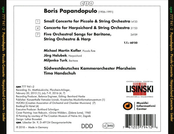 Boris Papandopulo - Michael Martin Kofler · Jörg Halubek · Miljenko Turk · Südwestdeutsches Kammerorchester · Timo Handschuh : Flute Concerto · Harpsicord Concerto · Five Orchestral Songs (CD, Album)