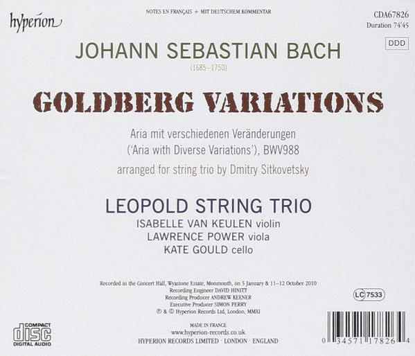 Johann Sebastian Bach - Dmitry Sitkovetsky, The Leopold String Trio : Goldberg Variations (CD, Album)