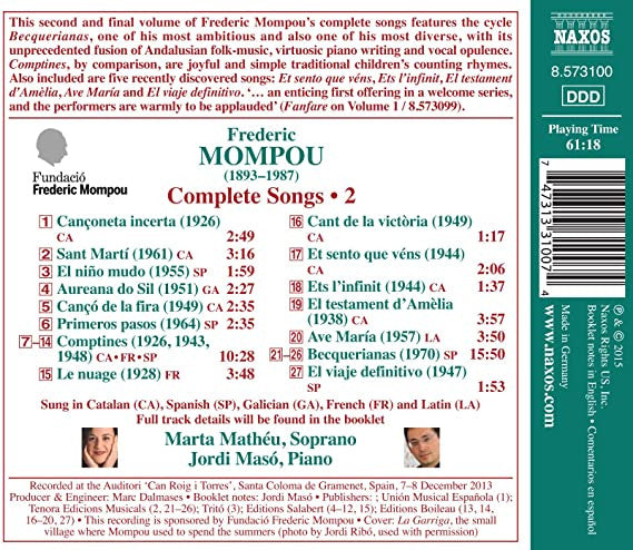 Frederic Mompou : Complete Songs 2 (CD, Comp)