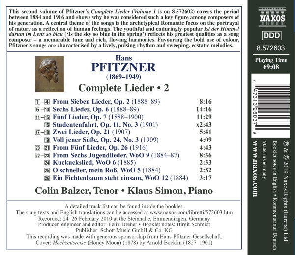 Hans Pfitzner, Colin Balzer, Klaus Simon : Complete Lieder - 2 (CD, Album)
