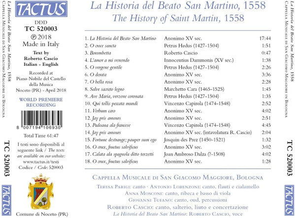 Cappella Musicale di San Giacomo Maggiore In Bologna, Roberto Cascio : La Historia Del Beato San Martino (CD, Album)