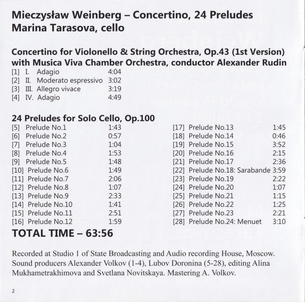Mieczysław Weinberg, Marina Tarasova, Musica Viva Chamber Orchestra, Alexander Rudin : Concertino For Cello And String Orchestra / 24 Preludes For Solo Cello (CD, Album)