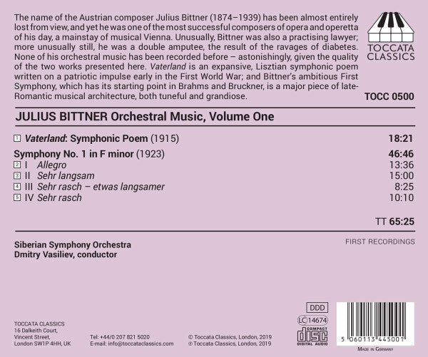 Julius Bittner - Siberian Symphony Orchestra, Dmitry Vasiliev : Orchestral Music, Volume One: Vaterland: Symphonic Poem; Symphony No.1 In F Minor (CD, Album)