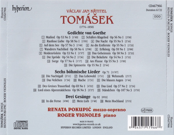 Renata Pokupić, Roger Vignoles, Václav Jan Tomášek : Songs By Tomášek (CD, Album)