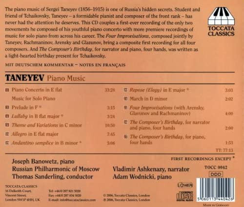 Sergey Ivanovich Taneyev - Joseph Banowetz, Russian Philharmonic Orchestra, Thomas Sanderling With Vladimir Ashkenazy And Adam Wodnicki : Piano Concerto In E Flat Major, Music For Solo Piano, Four Improvisations, The Composer’s Birthday (CD, Album)