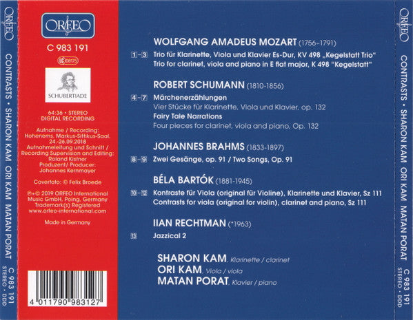 Wolfgang Amadeus Mozart, Robert Schumann, Johannes Brahms, Béla Bartók, Ilan Rechtman, Ori Kam, Sharon Kam, Matan Porat : Contrasts (CD)