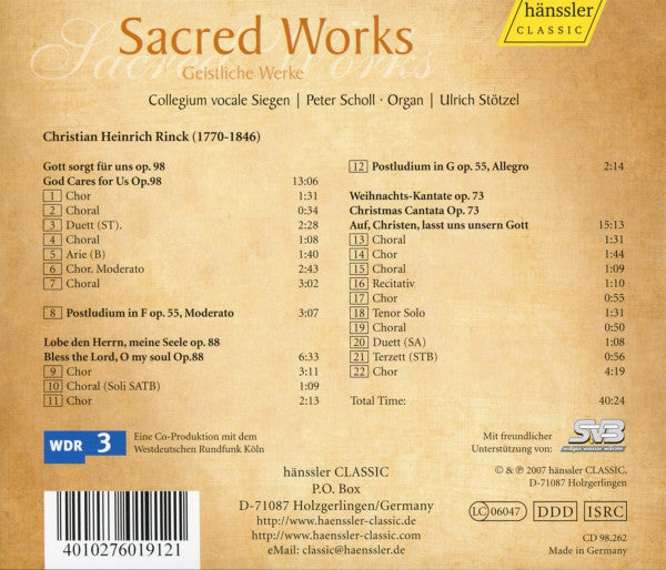 Johann Christian Heinrich Rinck - Peter Scholl, Bach-Chor Siegen, Ulrich Stötzel : Sacred Works (CD, Album)