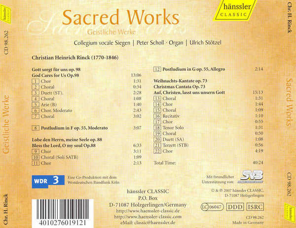 Johann Christian Heinrich Rinck - Peter Scholl, Bach-Chor Siegen, Ulrich Stötzel : Sacred Works (CD, Album)