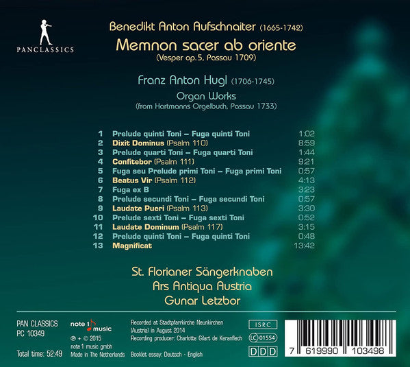 Benedict Anton Aufschnaiter - St. Florianer Sängerknaben, Ars Antiqua Austria, Gunar Letzbor : Memnon Sacer Ab Oriente (Vesper Op.5, Passau 1709) (CD, Album)