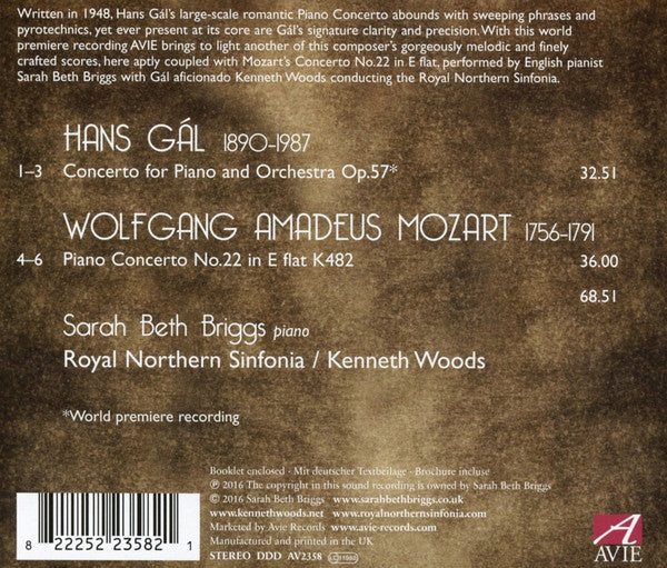 Hans Gal, Wolfgang Amadeus Mozart, Sarah Briggs (2), Northern Sinfonia, Kenneth Woods (2) : Piano Concertos: Gal Op. 57, Mozart K. 482 (CD, Album)