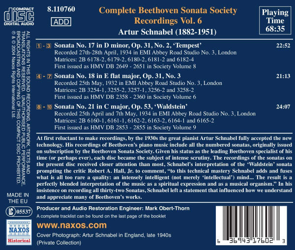 Artur Schnabel / Ludwig van Beethoven : Piano Works Vol. 6 (CD, Comp, RM)