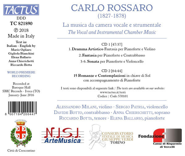 Carlo Rossaro, Alessandro Milani, Sergio Patria, Davide Botto, Anna Chierichetti, Riccardo Botta, Elena Ballario : L'Opera Da Camera Vocale E Strumentale (2xCD, Album)