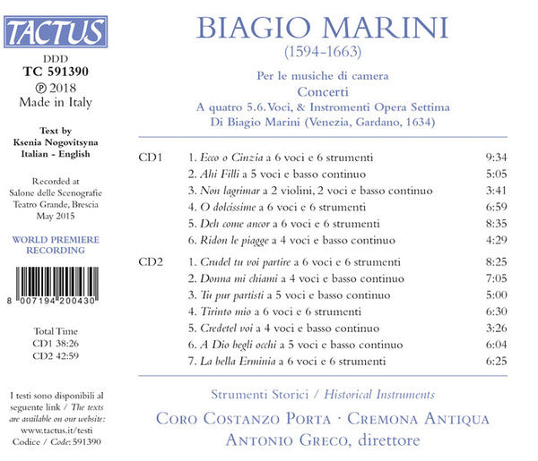 Biagio Marini, Coro Costanzo Porta, Cremona Antiqua, Antonio Greco (2) : Concerti A Quatro 5.6. Voci, & Instromenti, Opera Settima, Venezia, 1634 (2xCD, Album)