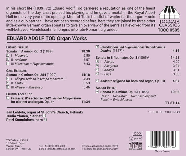 Eduard Adolf Tod, Carl Reinecke, August Gottfried Ritter, Ludwig Thuille, Jan Lehtola, Tuulia Ylönen, Petri Komulainen : Organ Works (CD, Album)