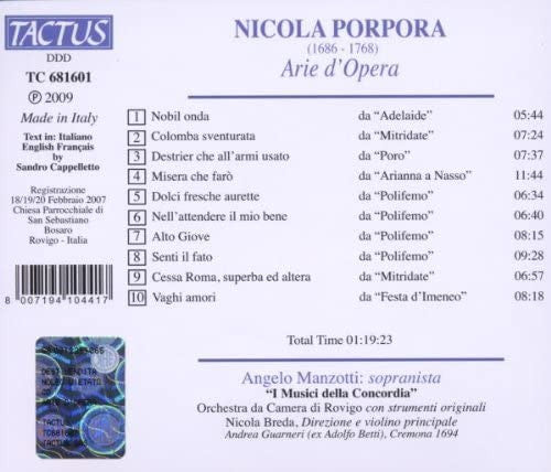 Nicola Porpora – Angelo Manzotti, I Musici Della Concordia, Nicola Breda : Arie D'Opera (CD)