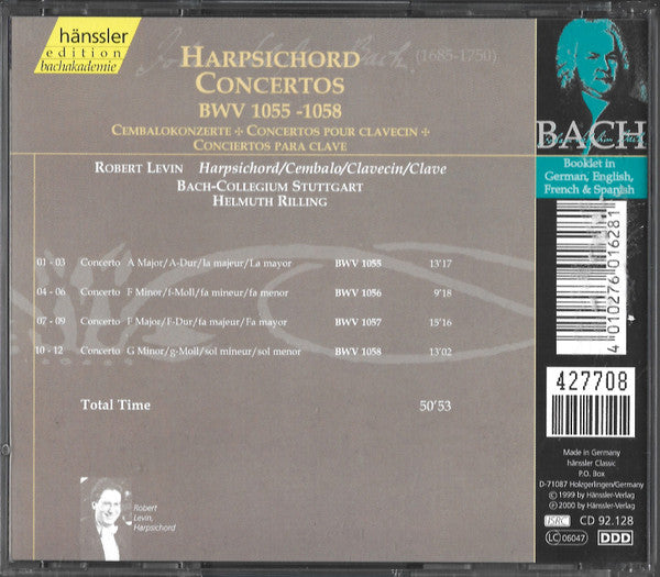 Johann Sebastian Bach - Robert Levin, Bachcollegium Stuttgart, Helmuth Rilling : Harpsichord Concertos BWV 1055-1058 (CD)