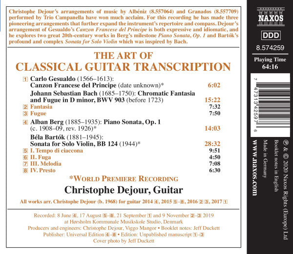 Johann Sebastian Bach, Béla Bartók, Alban Berg, Carlo Gesualdo, Christophe Dejour : The Art Of Classical Guitar Transcription (CD, Album)