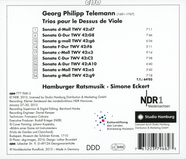 Georg Philipp Telemann - Hamburger Ratsmusik ∙ Simone Eckert : Trios Pour Le Dessus de Viole (CD, Album)