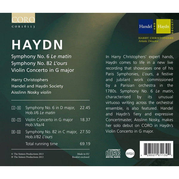 Joseph Haydn, Harry Christophers, The Handel & Haydn Society Of Boston, Aisslinn Nosky : Symphony No. 6 'Le Matin'; Symphony No. 82 'L'Ours'; Violin Concerto In G Major (CD, Album)
