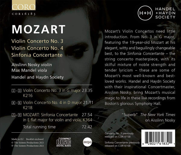 Wolfgang Amadeus Mozart, Aisslinn Nosky, Max Mandel, The Handel & Haydn Society Of Boston : Violin Concertos Volume 1 (CD, Album)