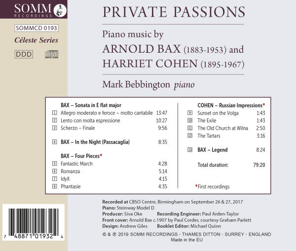 Arnold Bax, Harriet Cohen, Mark Bebbington : Private Passions (CD, Album)