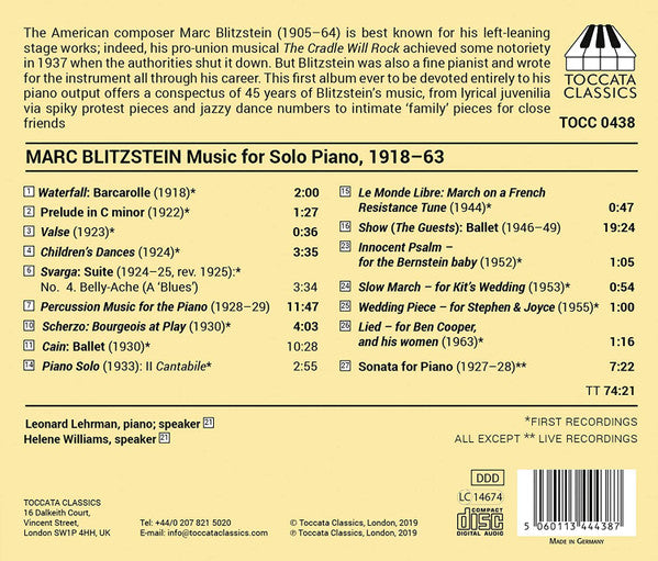 Marc Blitzstein, Leonard Lehrman : Music For Solo Piano, 1918-63 (CD, Album, RM)